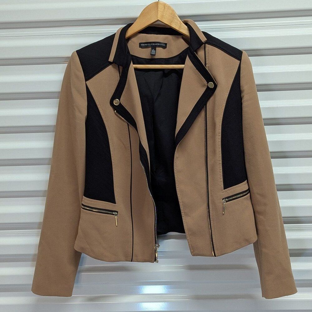 Quiet Luxury Moto Jacket White House Black Market Brown Zip Blazer Size 4 Office